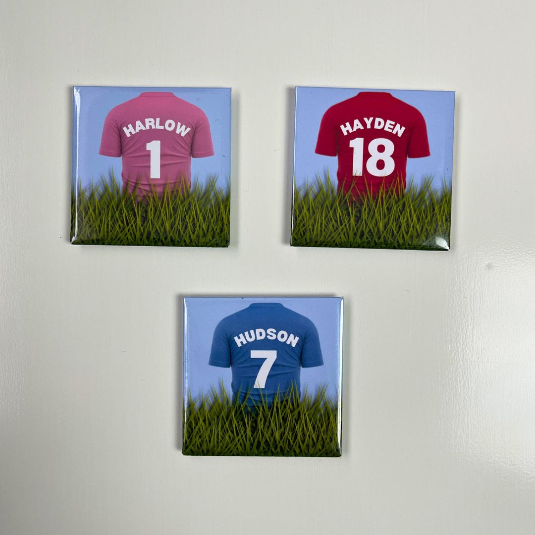 grassroots football shirt magnets a coloured shit with their name and squad number.