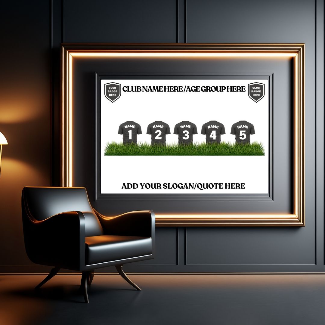 Adore Charlotte Customs_Customised Grassroots Football Team Squad Prints Dark Room with Gold Trim