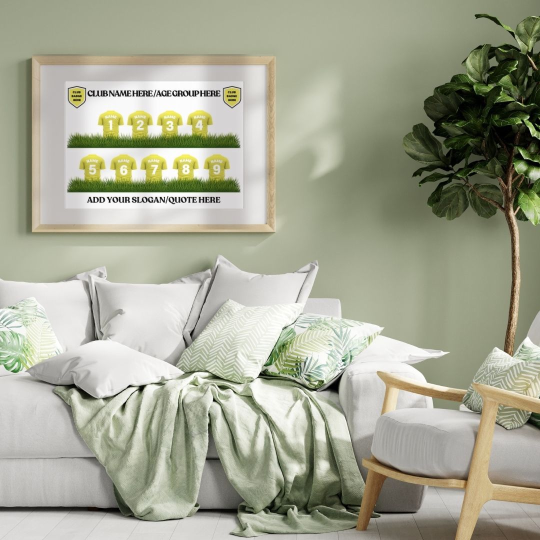 Adore Charlotte Customs Customised Grassroots Football Team Squad Prints Light Green Room with Wood Frame