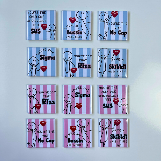 Slang Valentines photo magnets with words like Sus, Bussin, No Cap, Sigma, Rizz and Skibidi.