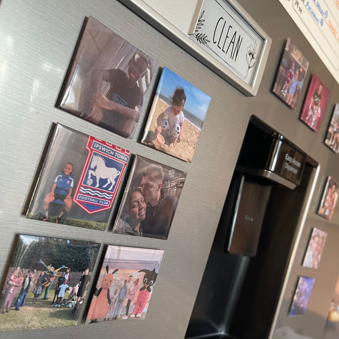 custom photo magnets family photos on a fridge